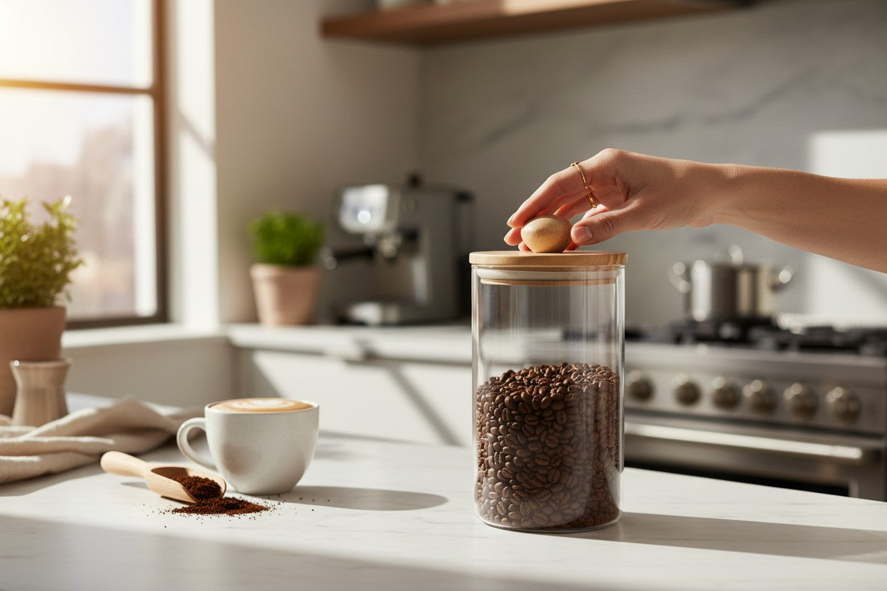 BOROSILICATE 33.8 OZ GLASS JAR W/ WOOD LID AND KNOB