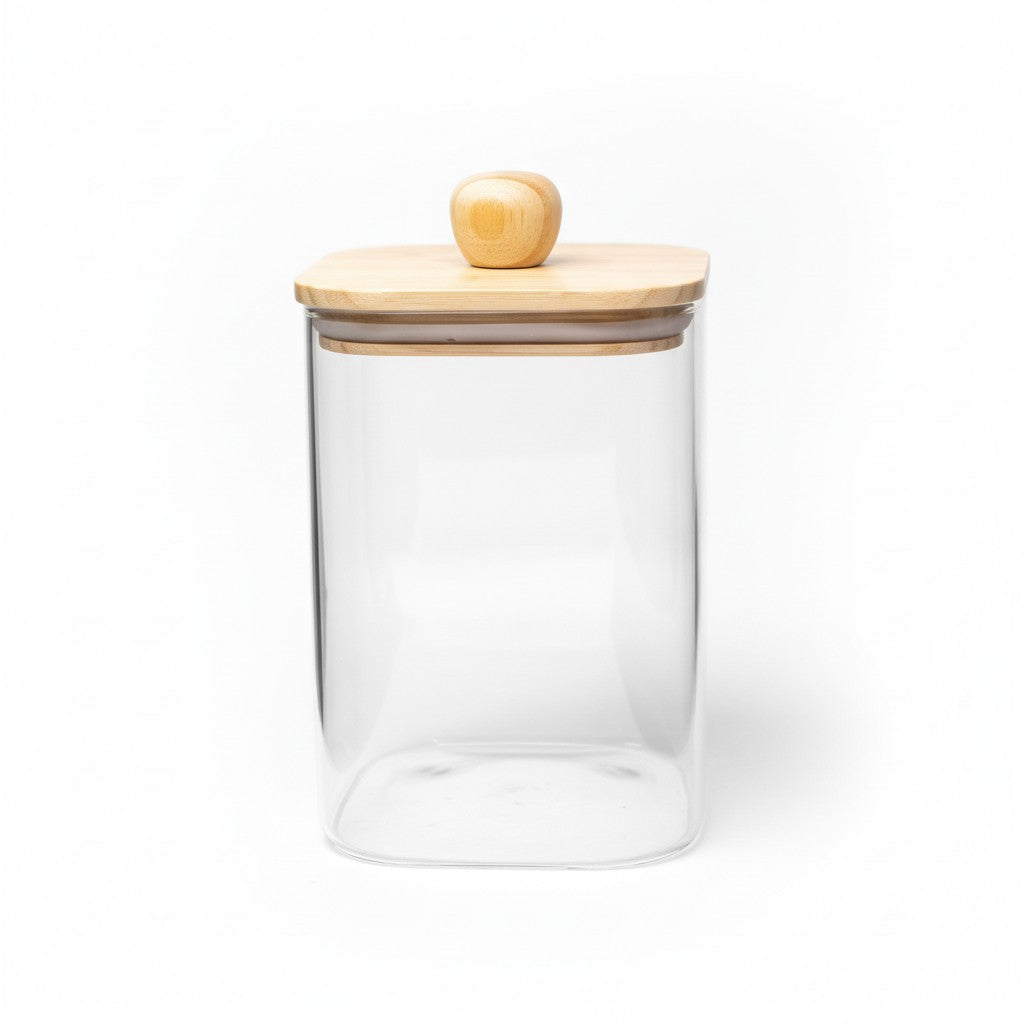 BOROSILICATE 57 OZ SQUARE GLASS JAR W/ WOOD LID AND KNOB