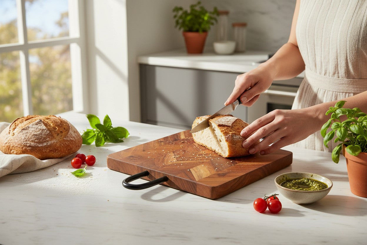 ACACIA WOOD 12" SQUARE CHEVRON BOARD WITH HANDLE