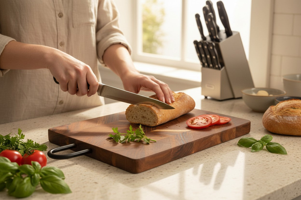 ACACIA WOOD 15"X 10" RECTANGULAR CHEVRON BOARD WITH HANDLE