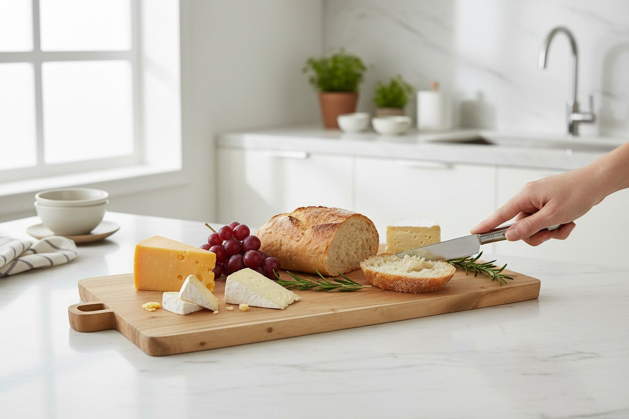 ACACIA WOOD 32.75" X 10" RECTANGULAR SERVING BOARD WITH HANDLE AND SQUARE FEET