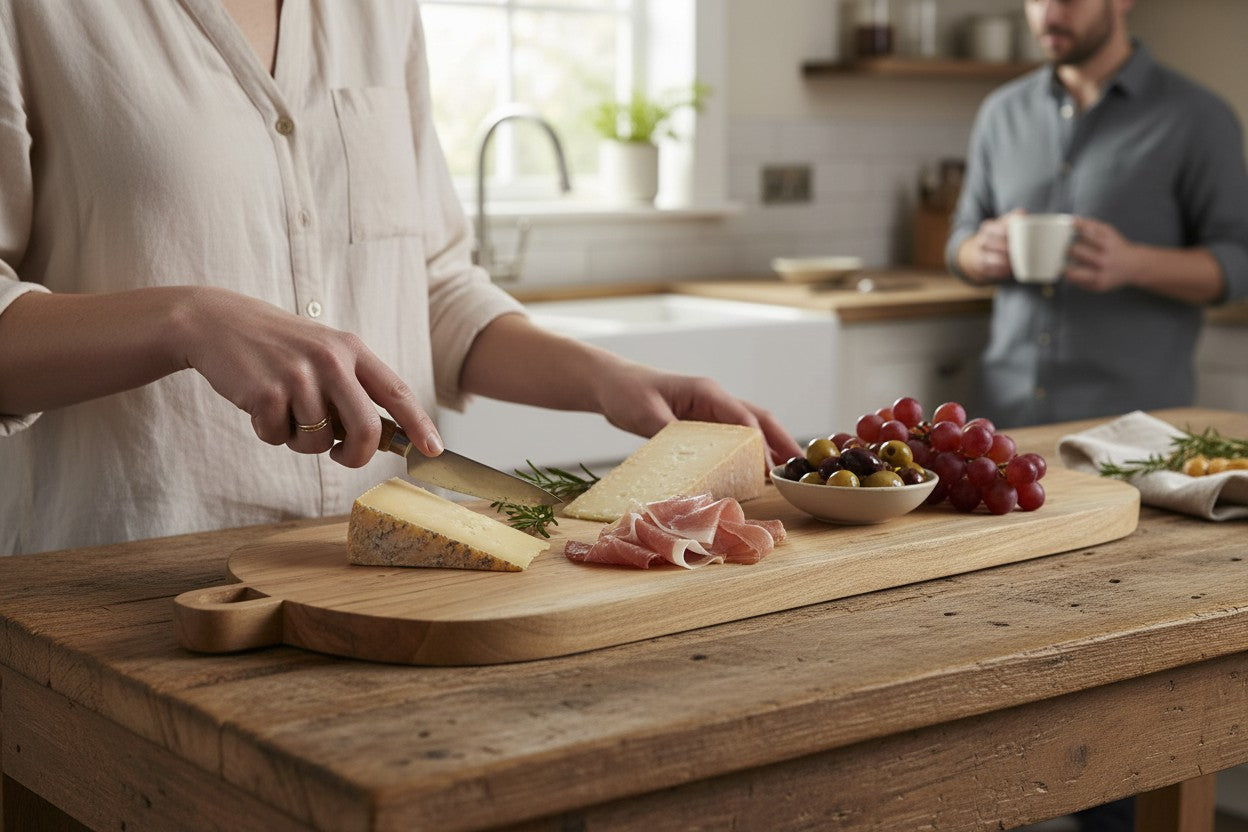 ACACIA WOOD 32.7532.75" X 10" OBLONG SERVING BOARD WITH HANDLE AND ROUND FEET