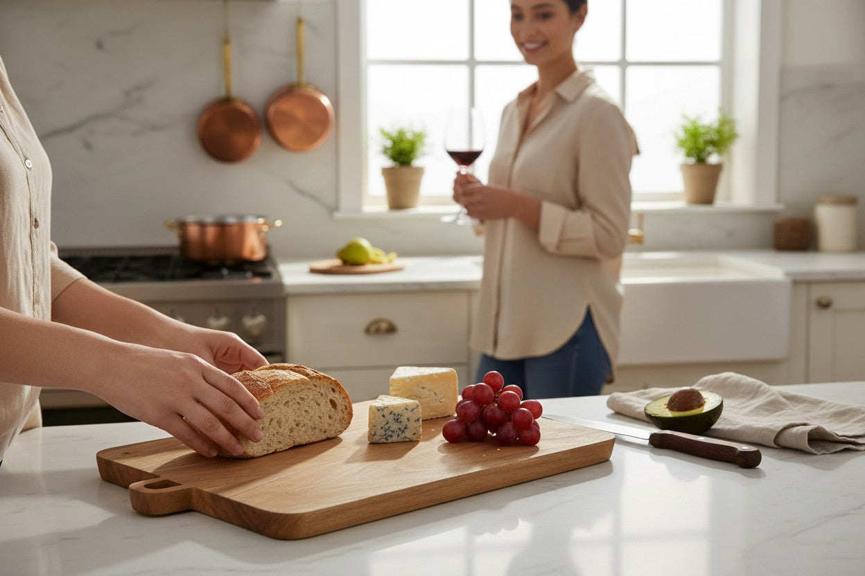 ACACIA WOOD 25.75" X 14" RECTANGULAR SERVING BOARD WITH HANDLES AND SQUARE FEET