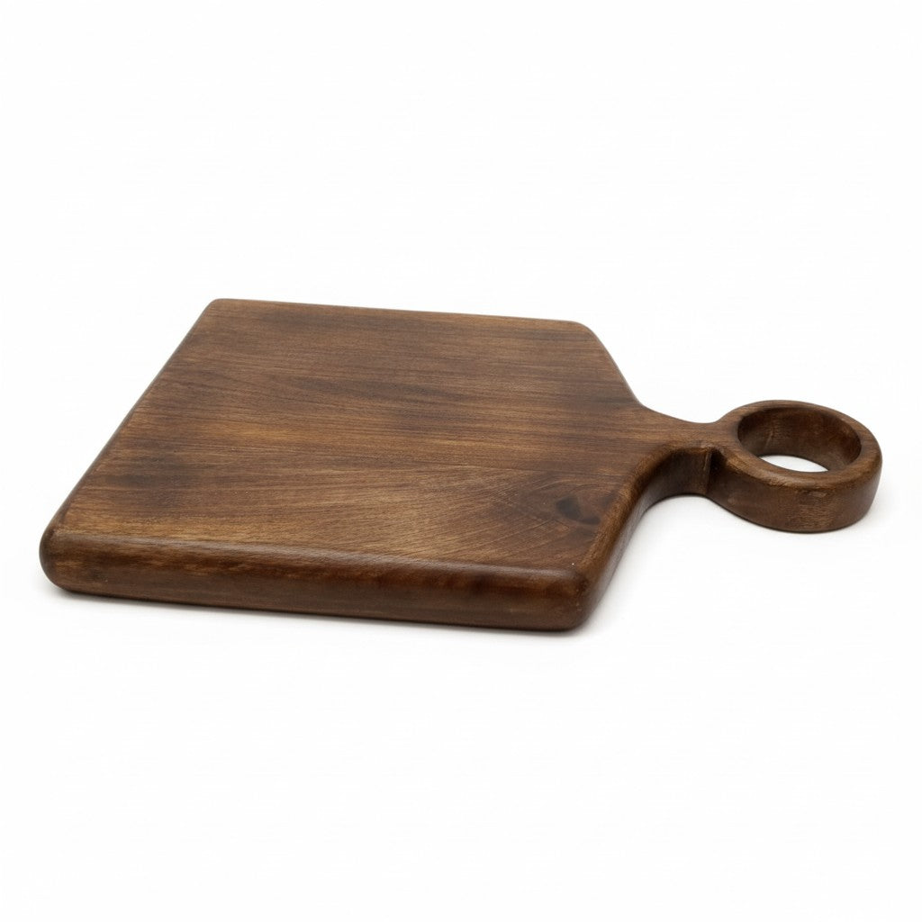 DARK MANGO WOOD 13" X 12" SERVING BOARD WITH HANDLE AND ROPE