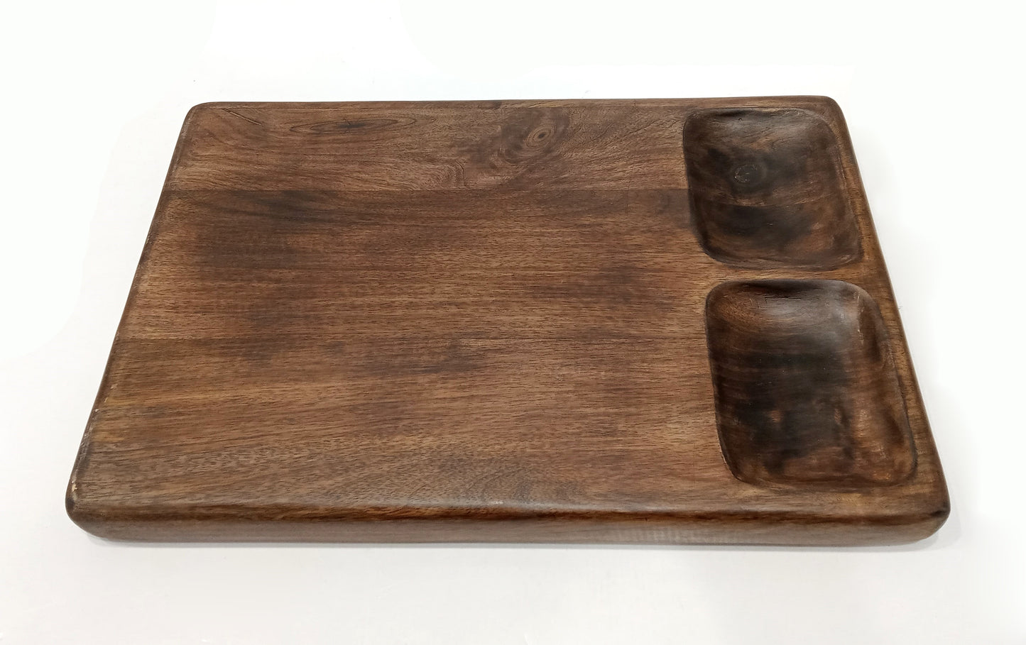 DARK MANGO WOOD 18" X 12" SERVING BOARD WITH 2 DIP BOWLS