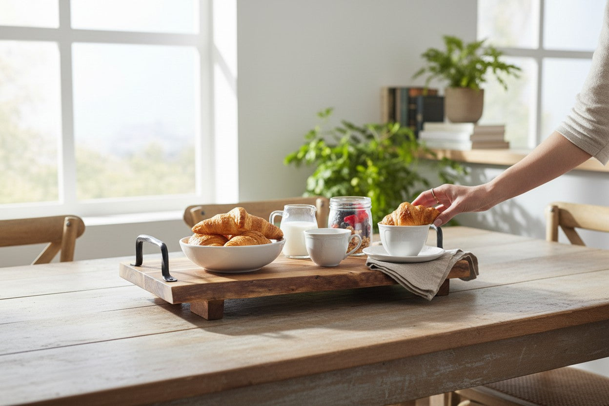 ACACIA WOOD 19" X 10" SERVING TRAY WITH HANDLES AND FEET