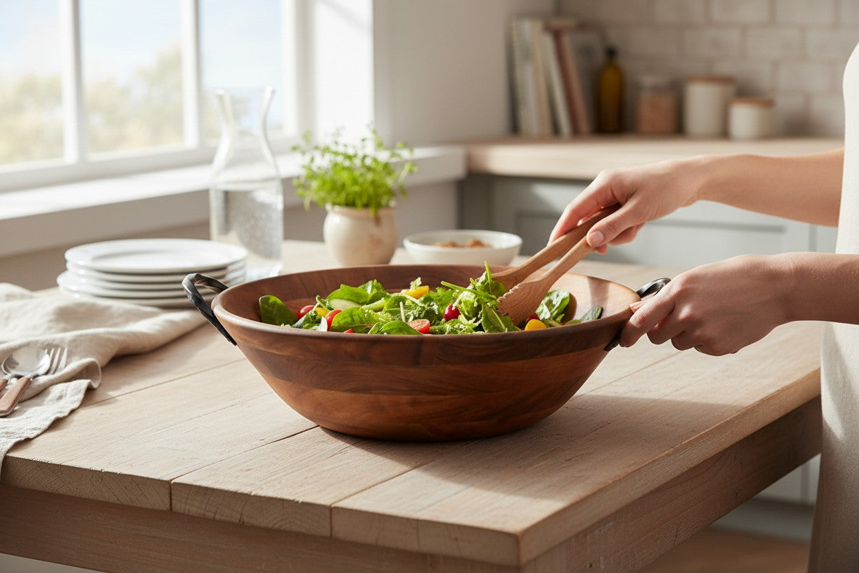 ACACIA WOOD 13.75" SERVING BOWL WITH METAL HANDLES