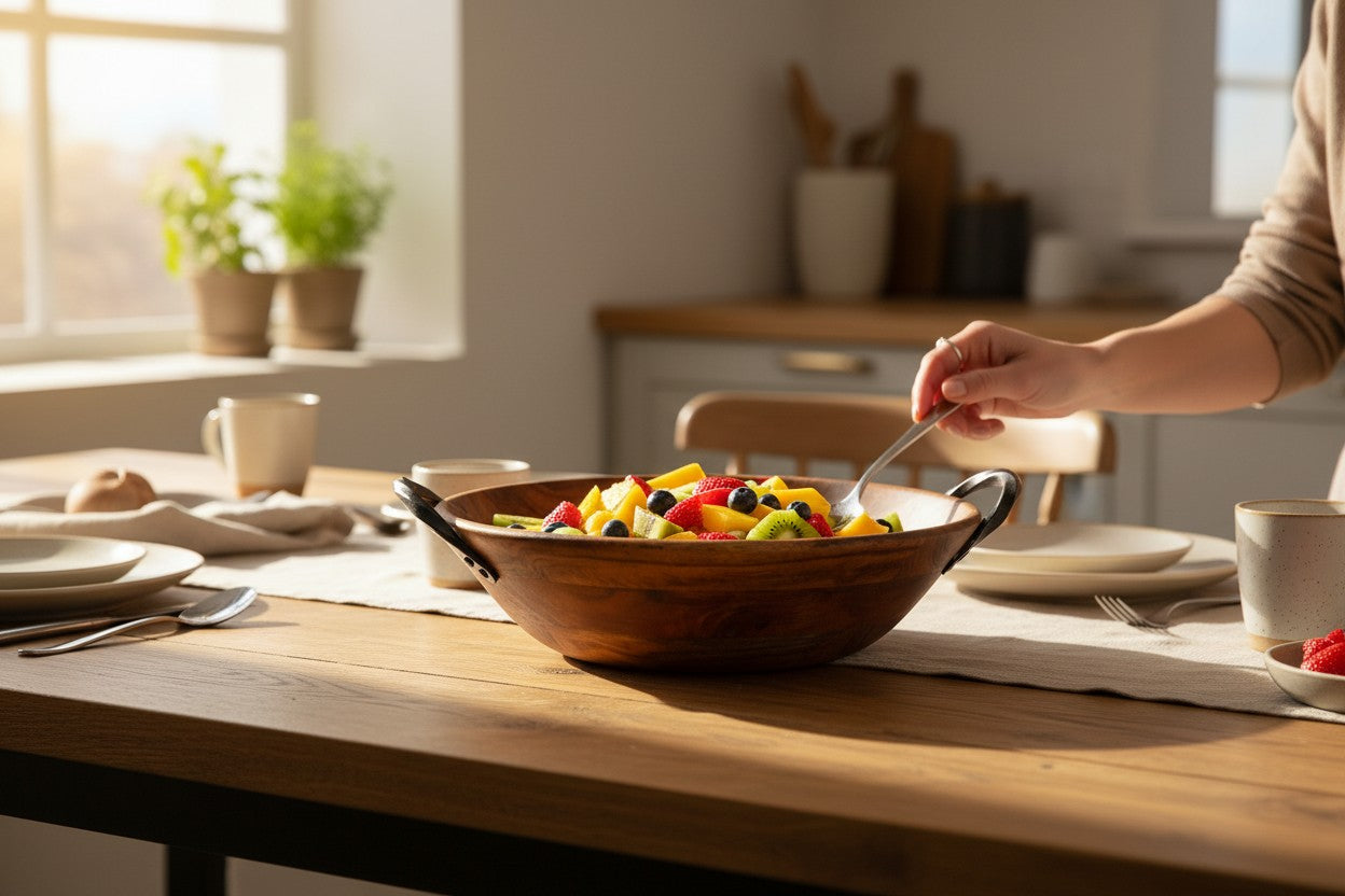 ACACIA WOOD 11.75" SERVING BOWL WITH METAL HANDLES