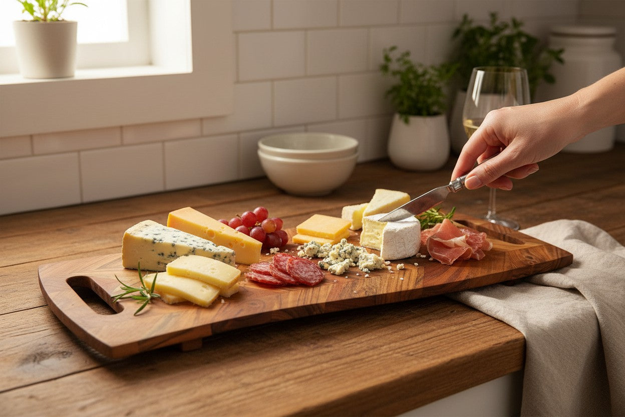 ACACIA WOOD 28" X 10" CHEVRON CUTTING BOARD WITH FEET