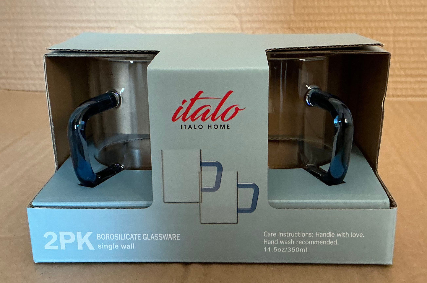 S/2 BOROSILICATE 11.5 OZ GLASS MUGS WITH BLUE HANDLES