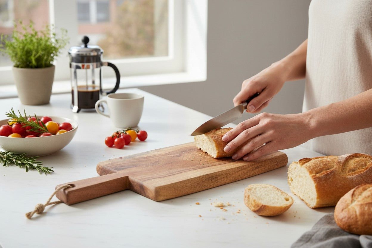 ACACIA WOOD 19.75" X 7.5" CUTTING/SERVING BOARD WITH HANDLE AND ROPE