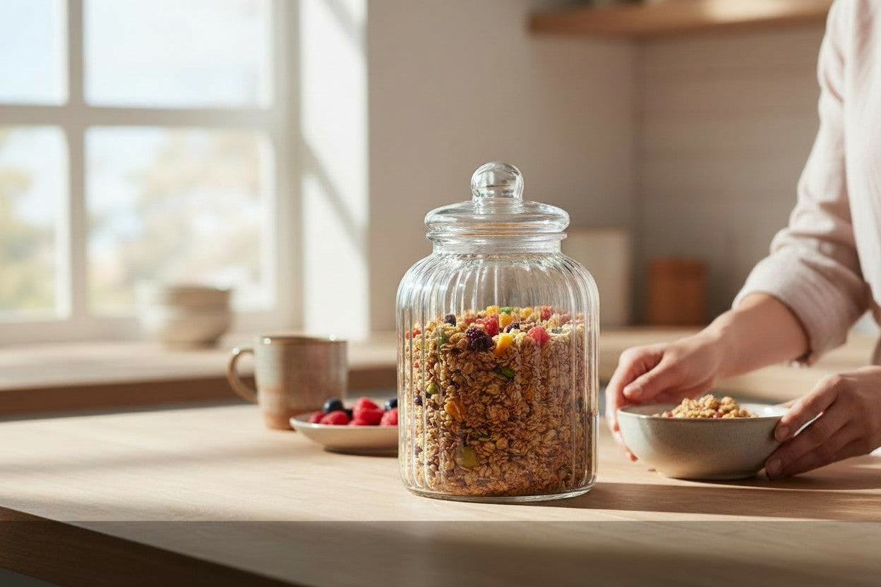165 OZ RIBBED GLASS JAR W/ GLASS LID