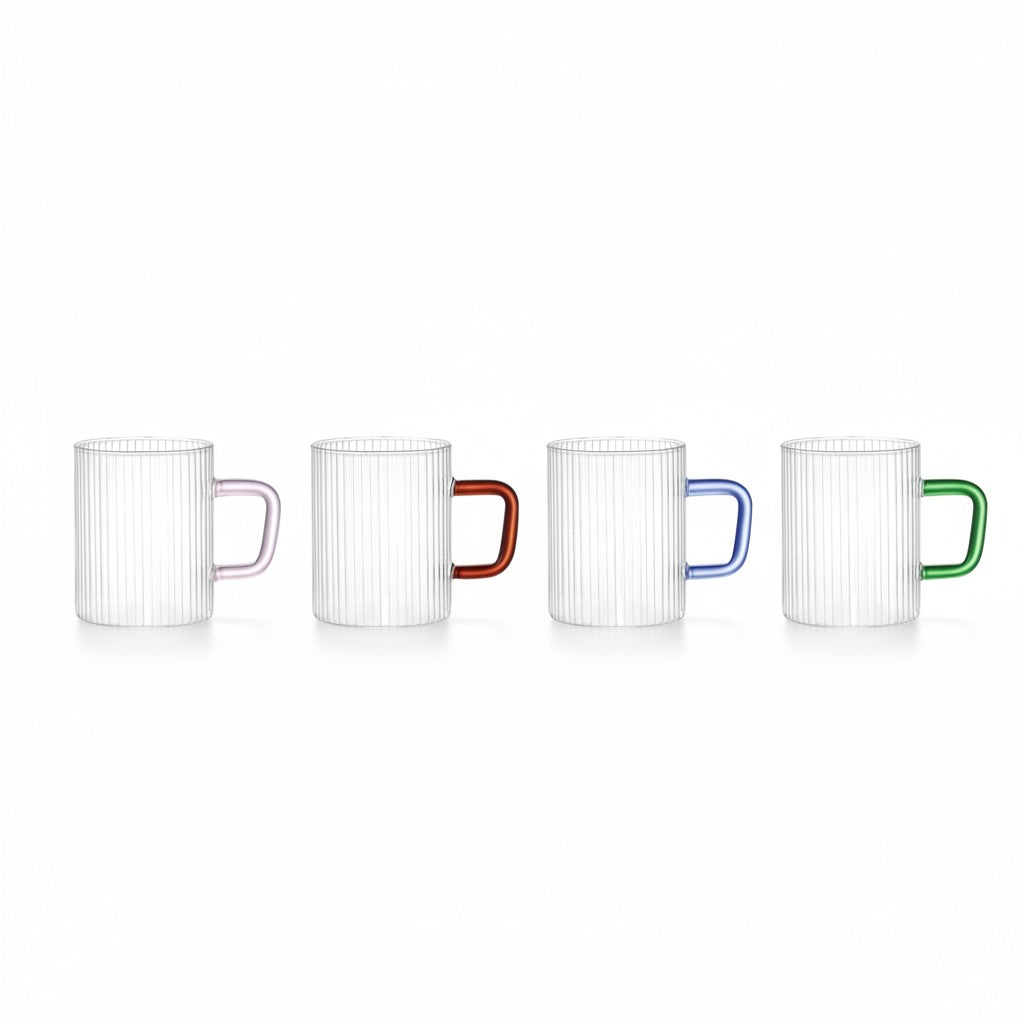 SET OF 4 13.5 OZ BOROSILICATE RIBBED GLASS MUG WITH MULTI-COLORED HANDLE