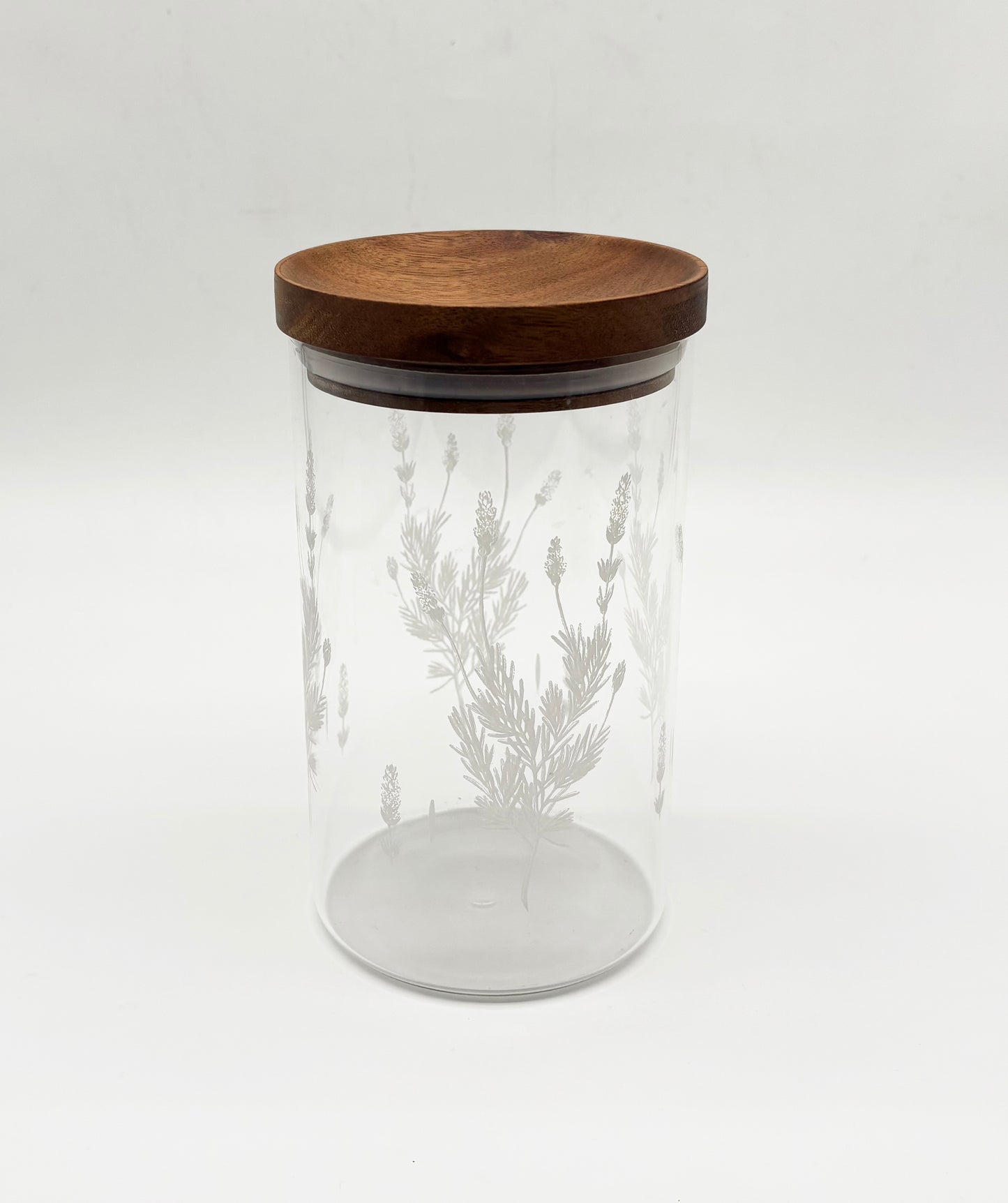 33.8 OZ BOROSILICATE GLASS JAR W/ LAVENDER ETCHING & DARK ACACIA WOOD LID