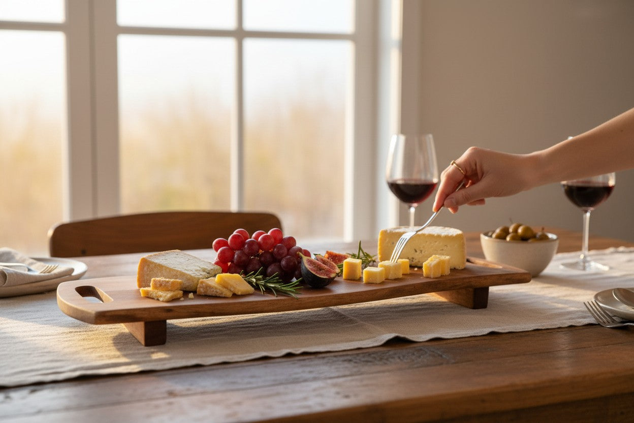 Acacia Wood 28" X 10" Double Handle Footed Cutting/Serving Board