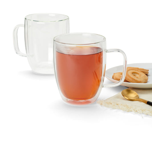S/2 BOROSILICATE DOUBLE WALL 16 OZ GLASS MUGS