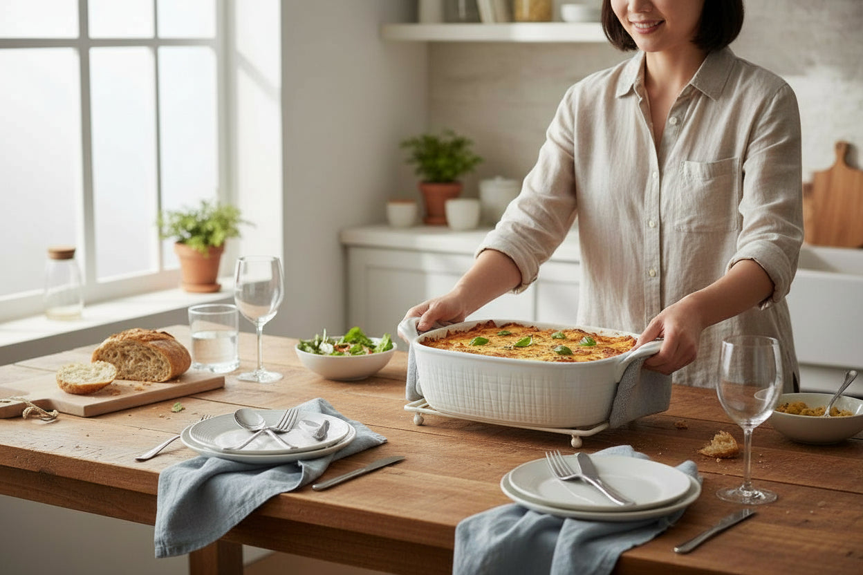 WHITE LINEN 3.2 QT CERAMIC SQUARE BAKER