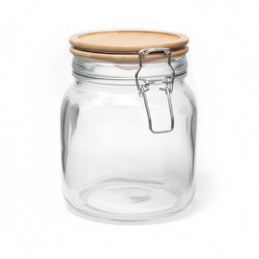SQUARE 33.8 OZ GLASS JAR W/ WOOD LID