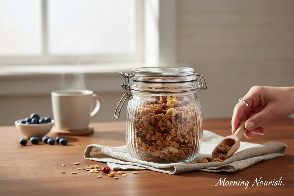 Round Ribbed 15 Oz Glass Jar W/ Glass Lid