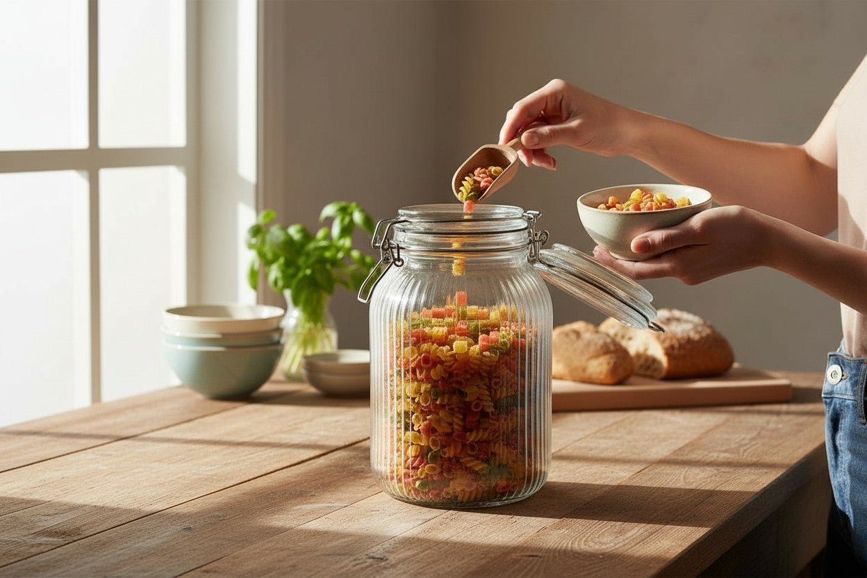 Round Ribbed 64 Oz Glass Jar W/ Glass Lid