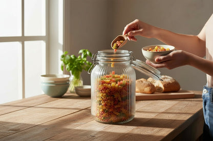 Round Ribbed 64 Oz Glass Jar W/ Glass Lid