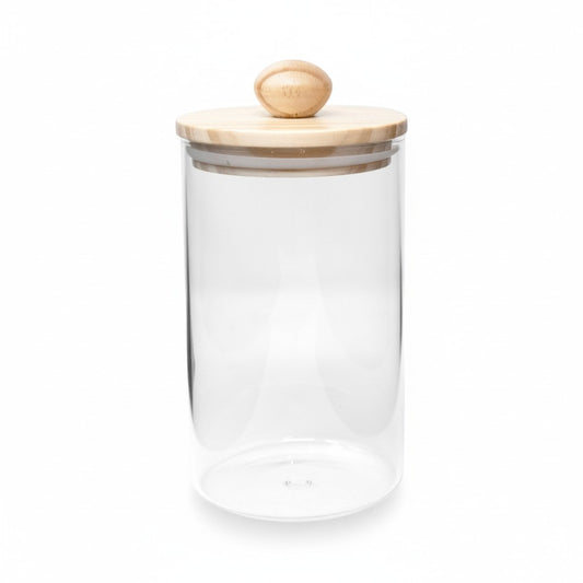 BOROSILICATE 33.8 OZ GLASS JAR W/ WOOD LID AND KNOB