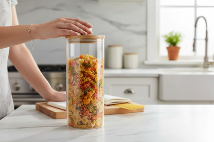 BOROSILICATE 43.9 OZ GLASS JAR W/ WOOD LID AND KNOB