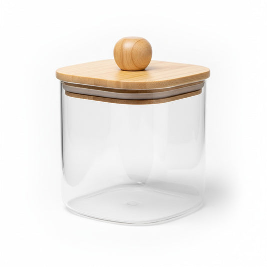 BOROSILICATE 37 OZ SQUARE GLASS JAR W/ WOOD LID AND KNOB