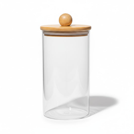 BOROSILICATE 78 OZ SQUARE GLASS JAR W/ WOOD LID AND KNOB