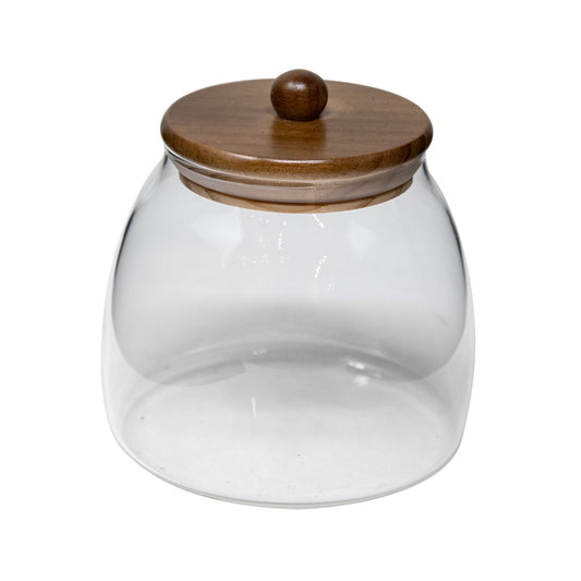 22 OZ BELLY SHAPE BOROSILICATE JAR W/ DARK PINE LID & KNOB