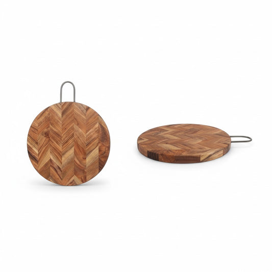 ACACIA WOOD 12" ROUND CHEVRON BOARD WITH HANDLE