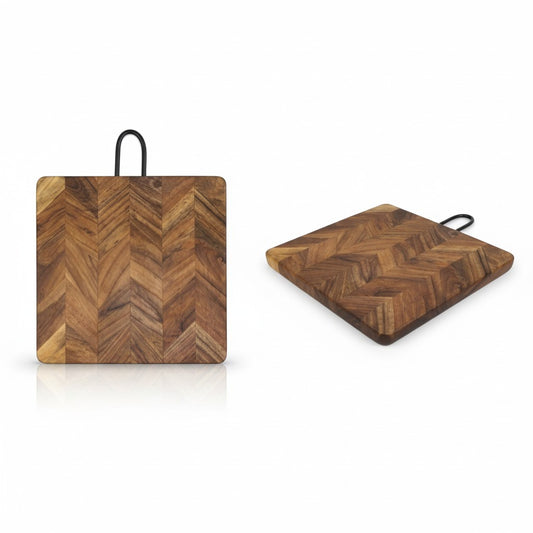 ACACIA WOOD 12" SQUARE CHEVRON BOARD WITH HANDLE