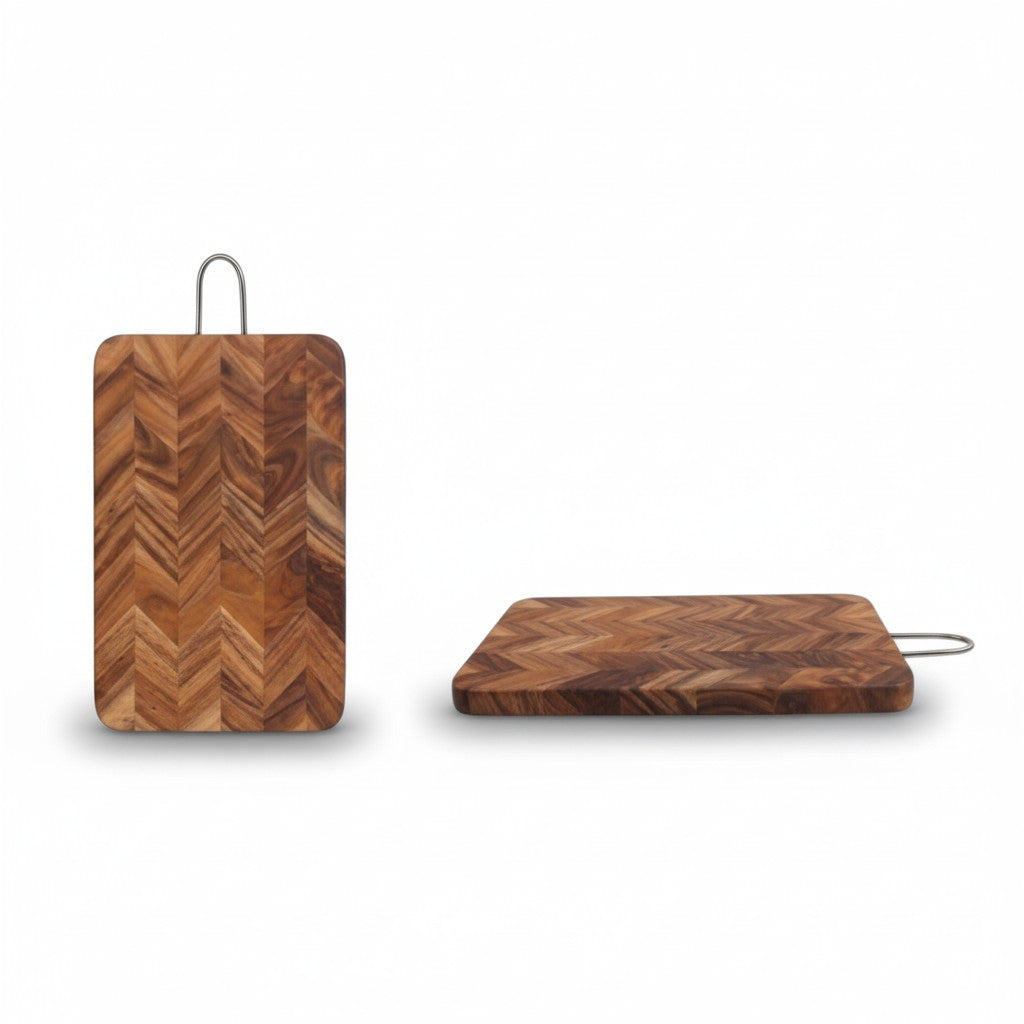 ACACIA WOOD 15"X 10" RECTANGULAR CHEVRON BOARD WITH HANDLE