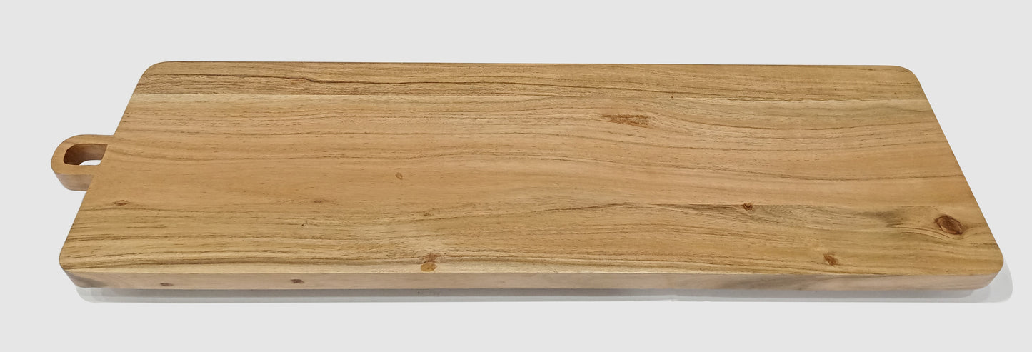 ACACIA WOOD 32.75" X 10" RECTANGULAR SERVING BOARD WITH HANDLE AND SQUARE FEET