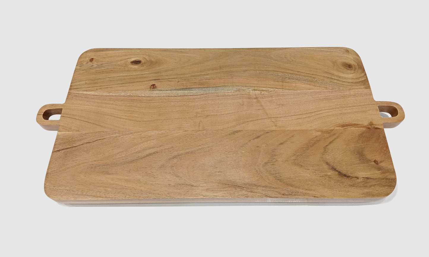 ACACIIA WOOD 25.75" X 14" RECTANGULAR SERVING BOARD WITH HANDLES AND SQUARE FEET