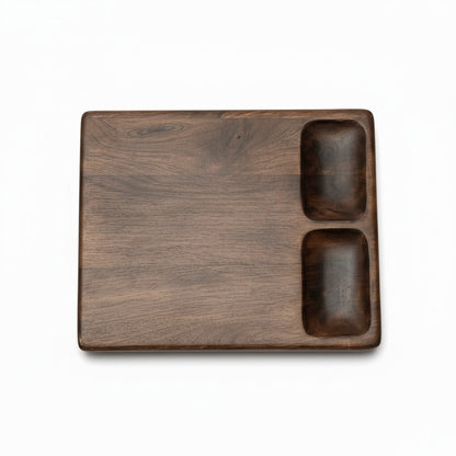 DARK MANGO WOOD 18" X 12" SERVING BOARD WITH 2 DIP BOWLS