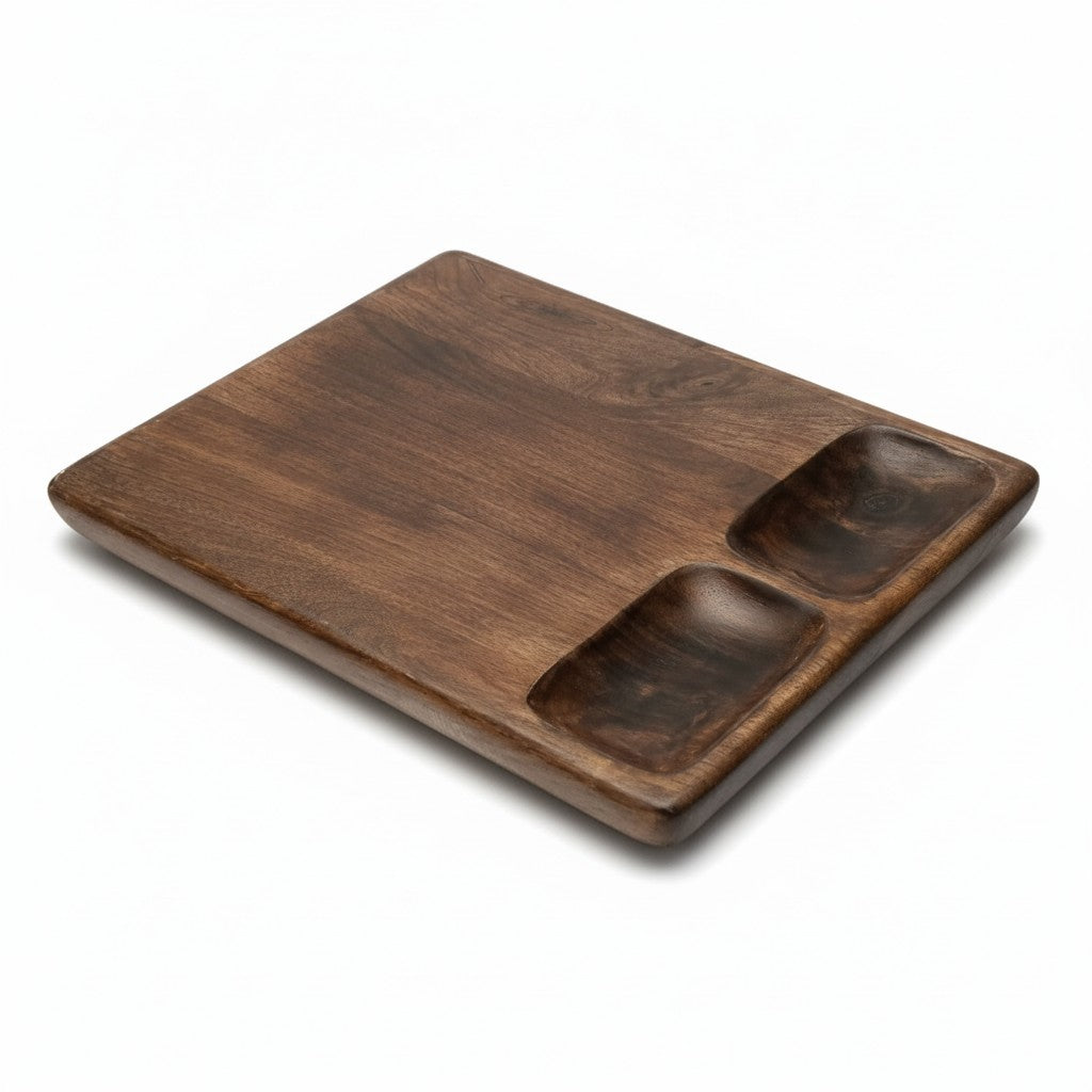DARK MANGO WOOD 18" X 12" SERVING BOARD WITH 2 DIP BOWLS