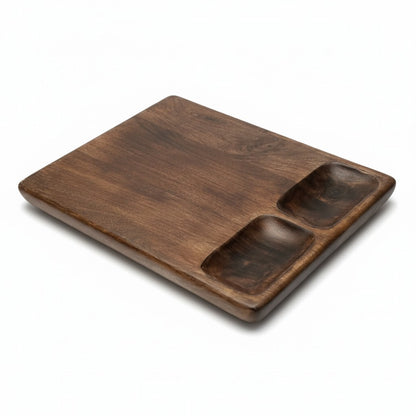 DARK MANGO WOOD 18" X 12" SERVING BOARD WITH 2 DIP BOWLS