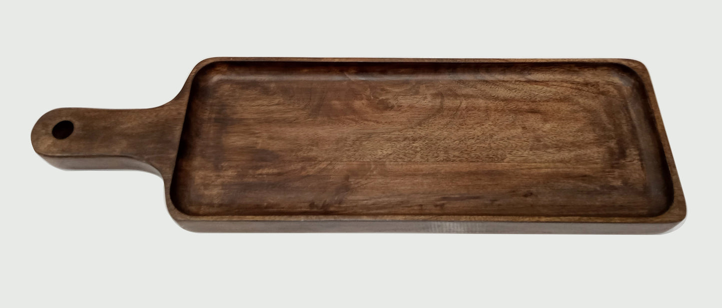 DARK MANGO WOOD 20.25" X 7.25" SERVING BOARD WITH HANDLE AND ROPE
