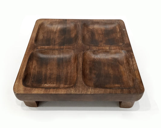 DARK MANGO WOOD 12.5" SQUARE 4 SECTION SERVING TRAY WITH FEET
