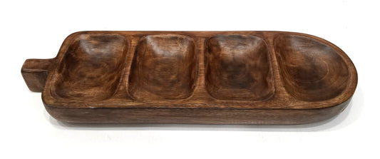 DARK MANGO WOOD 14.25" X 5" FOUR SECTION SERVER WITH HANDLES