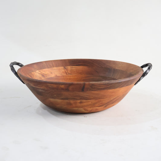 ACACIA WOOD 13.75" SERVING BOWL WITH METAL HANDLES