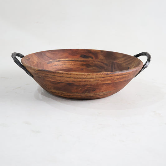 ACACIA WOOD 11.75" SERVING BOWL WITH METAL HANDLES