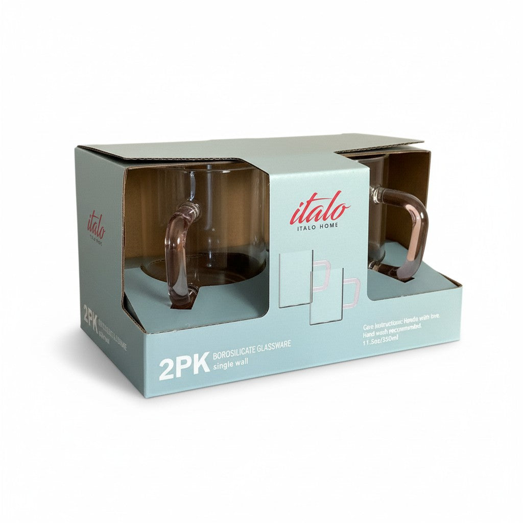 S/2 BOROSILICATE 11.5 OZ GLASS MUGS WITH PINK HANDLES