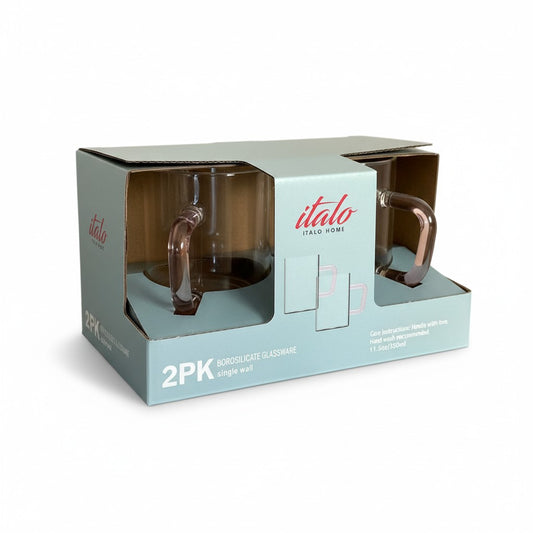 S/2 BOROSILICATE 11.5 OZ GLASS MUGS WITH PINK HANDLES