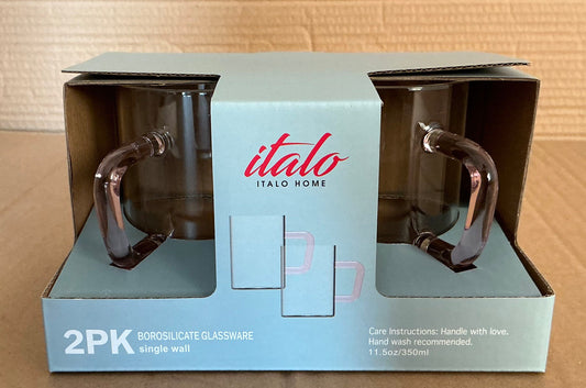 S/2 BOROSILICATE 11.5 OZ GLASS MUGS WITH PINK HANDLES