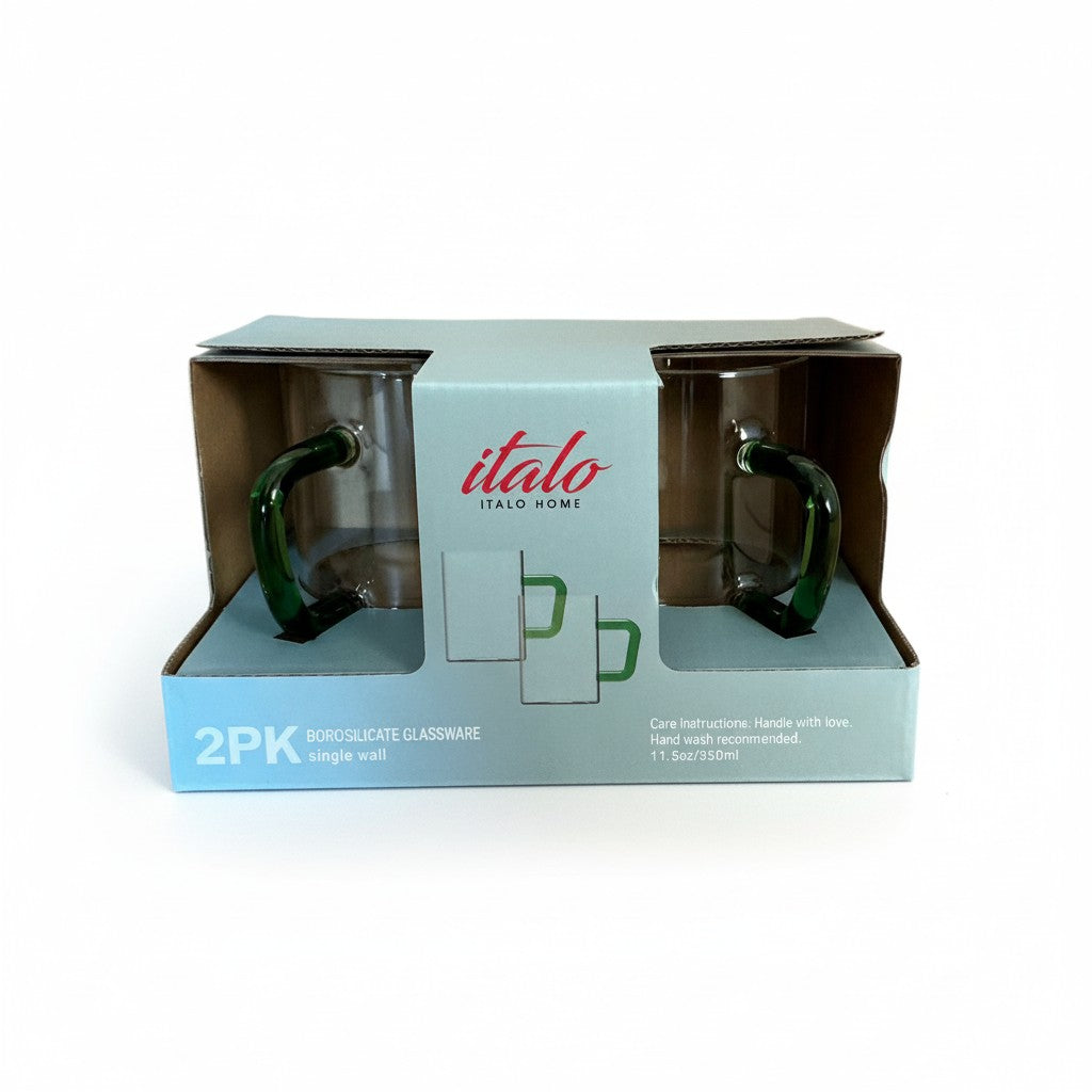 S/2 BOROSILICATE 11.5 OZ GLASS MUGS WITH GREEN HANDLES