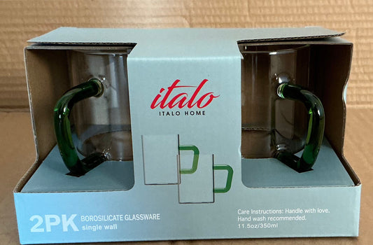 S/2 BOROSILICATE 11.5 OZ GLASS MUGS WITH GREEN HANDLES