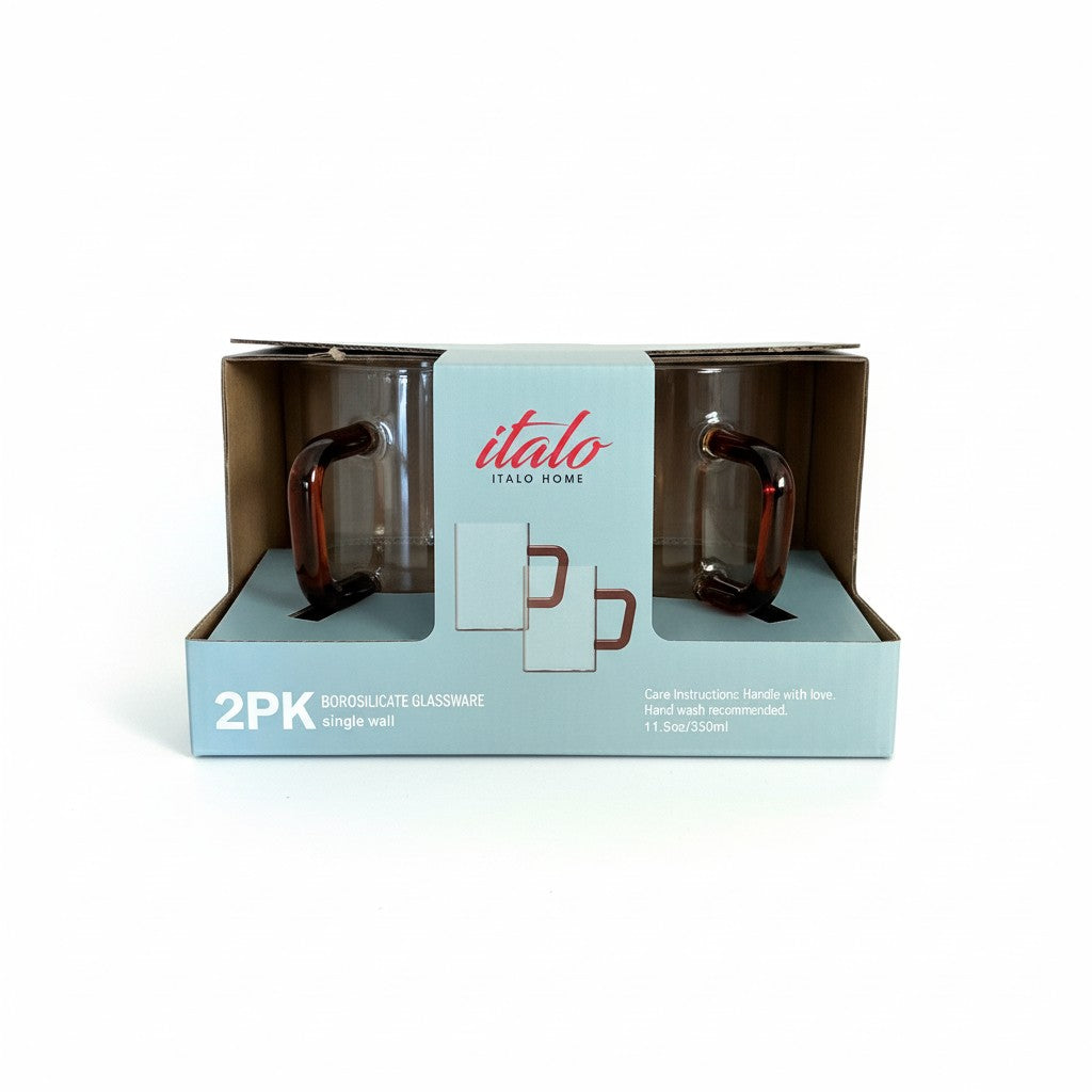 S/2 BOROSILICATE 11.5 OZ GLASS MUGS WITH AMBER HANDLES