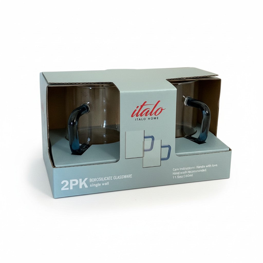 S/2 BOROSILICATE 11.5 OZ GLASS MUGS WITH BLUE HANDLES